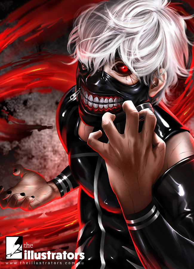 Fan art character with black mask and red eyes