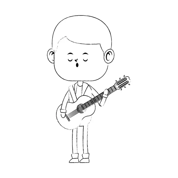 Cartoon boy playing a guitar and singing
