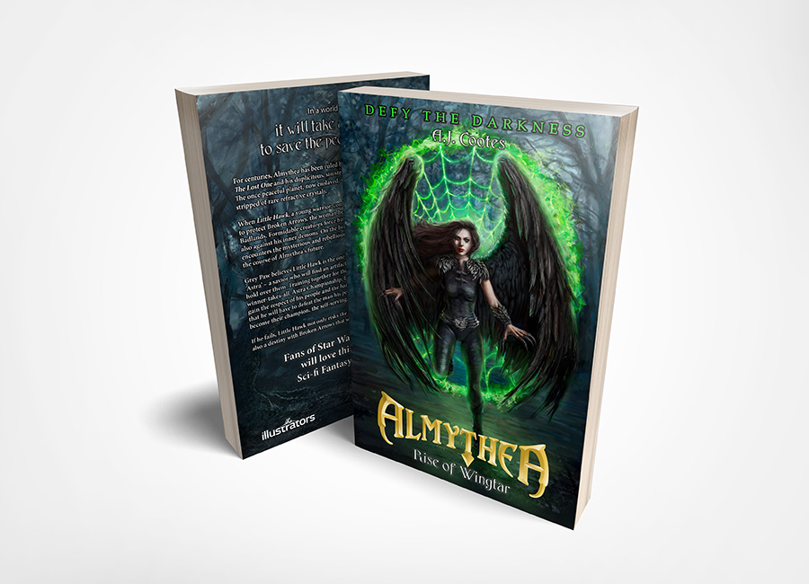 Almythea book cover with female fantasy character stepping through a web portal