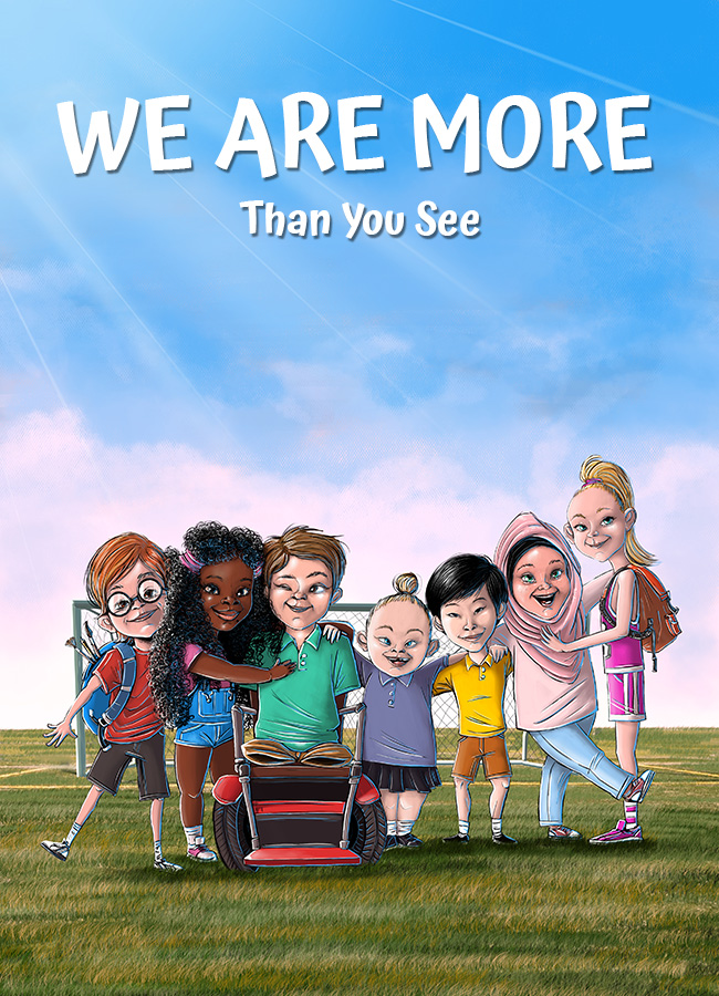 Seven happy disabled children standing together
