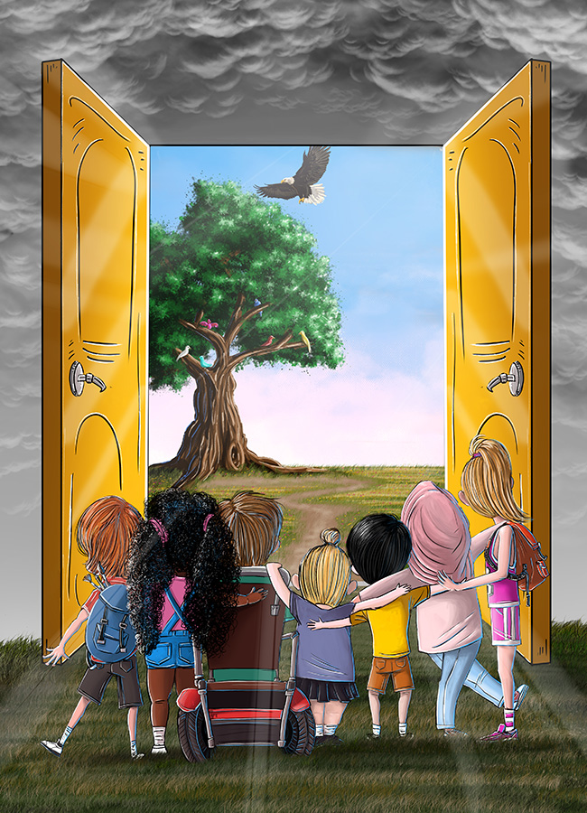 Children looking through a door