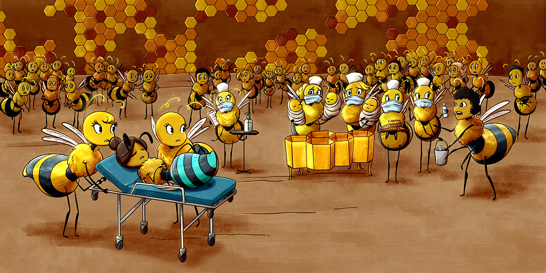 Lots of bees attending to an injured bee