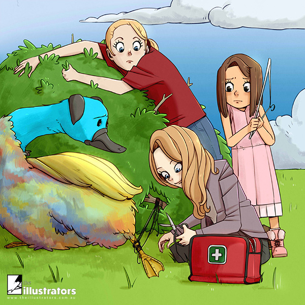 Three sisters helping a magical bird
