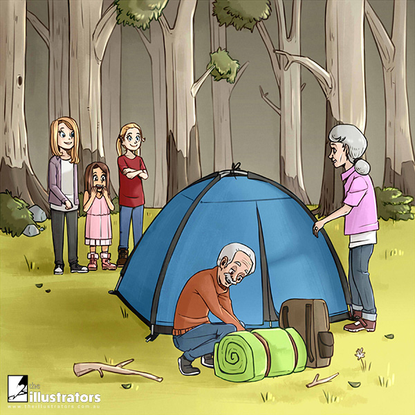 An old couple setting up a campsite with three sisters watching