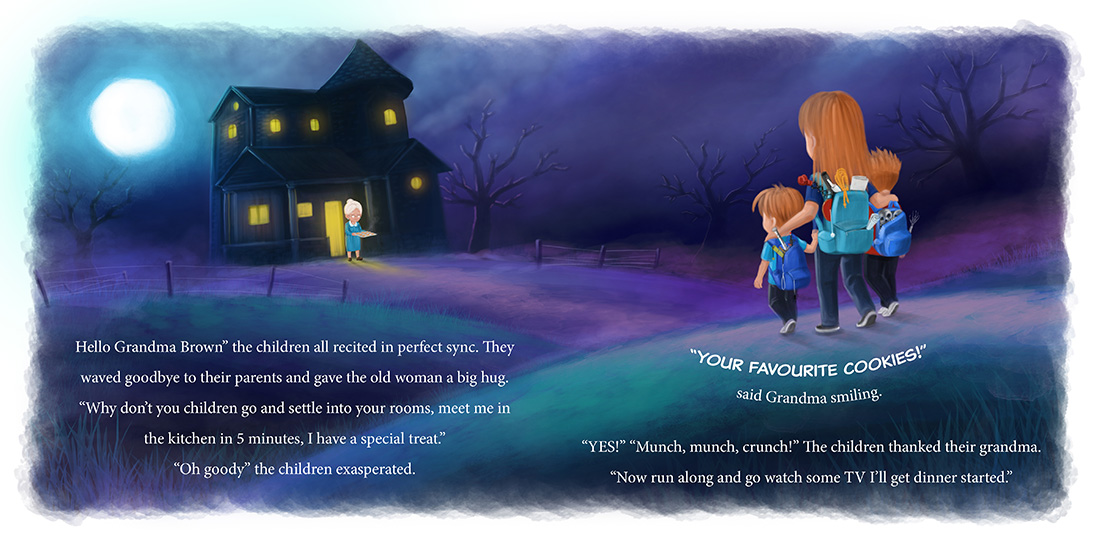Three children walking towards Grandma's spooky looking house
