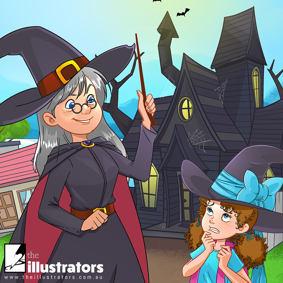 Gran and Millie standing outside a spooky house