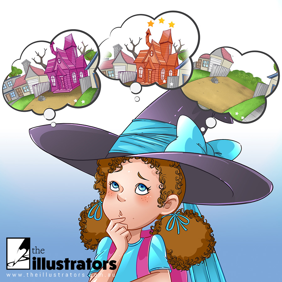 Little girl with a witches hat thinking