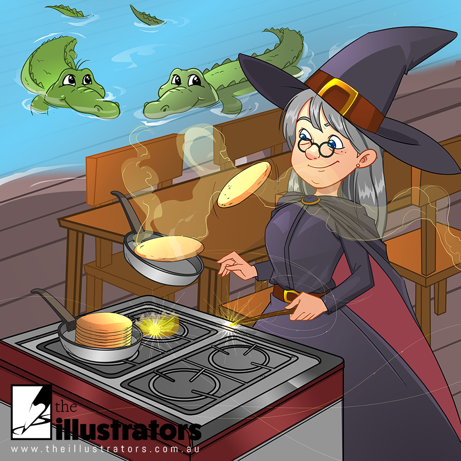 Gran cooking pancakes using magic