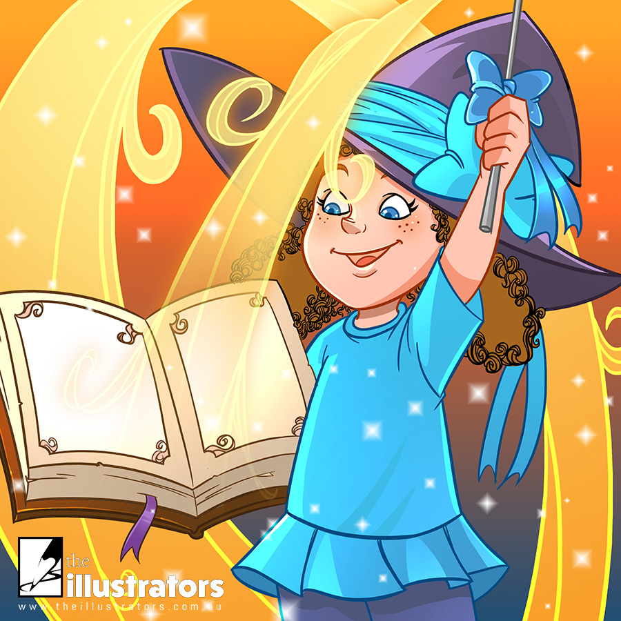 Little girl witch with a wand and spell book