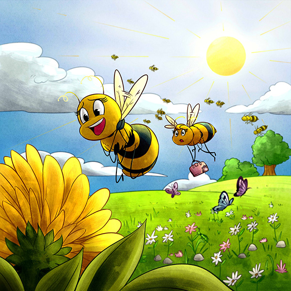 Happy bees flying towards a yellow flower