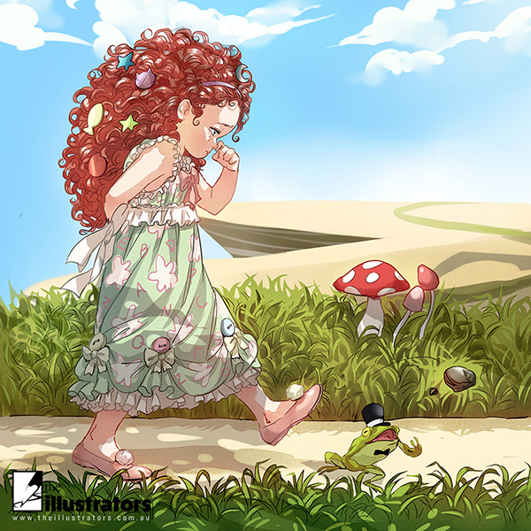 Sad curly haired girl walking along a path