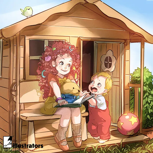 Happy curly haired girl with baby brother next to a cubby house
