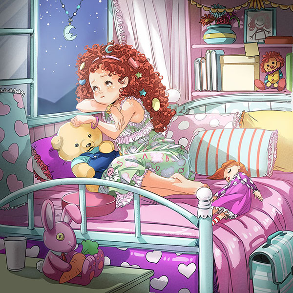Red curly haired girl looking sad in her bedroom