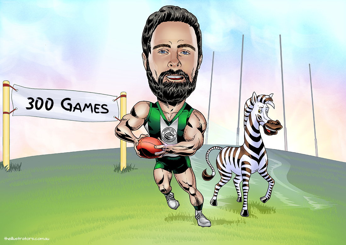 Caricature of a man playing AFL with a Zebra