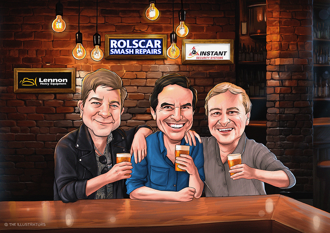 Three men sitting at a bar holding a glass of beer