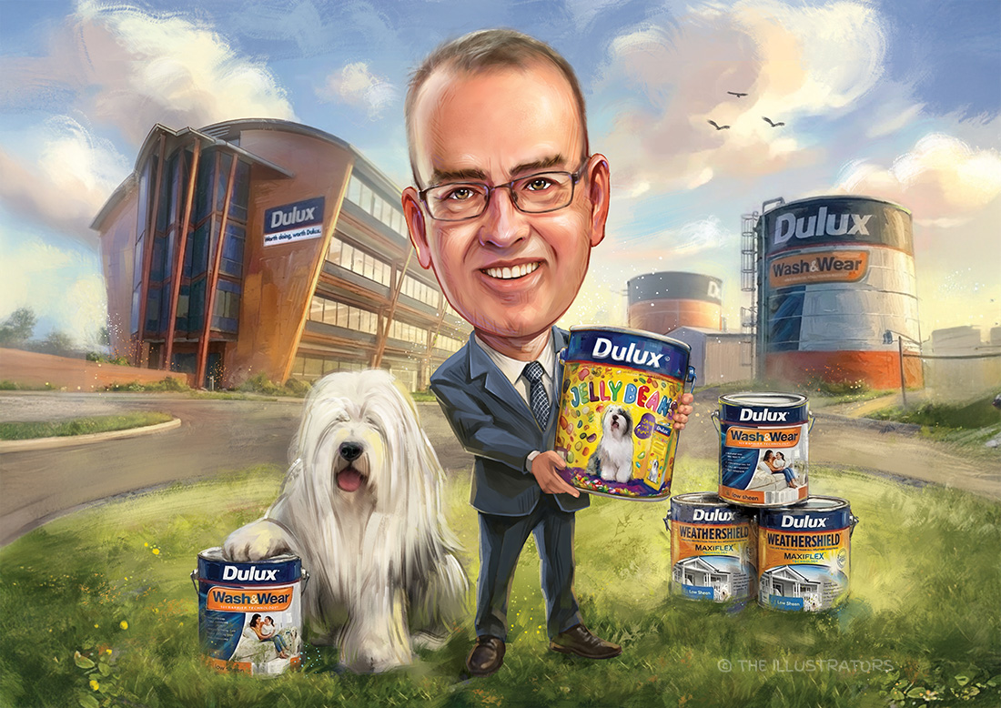 Caricature of a man with a sheep dog and paint cans