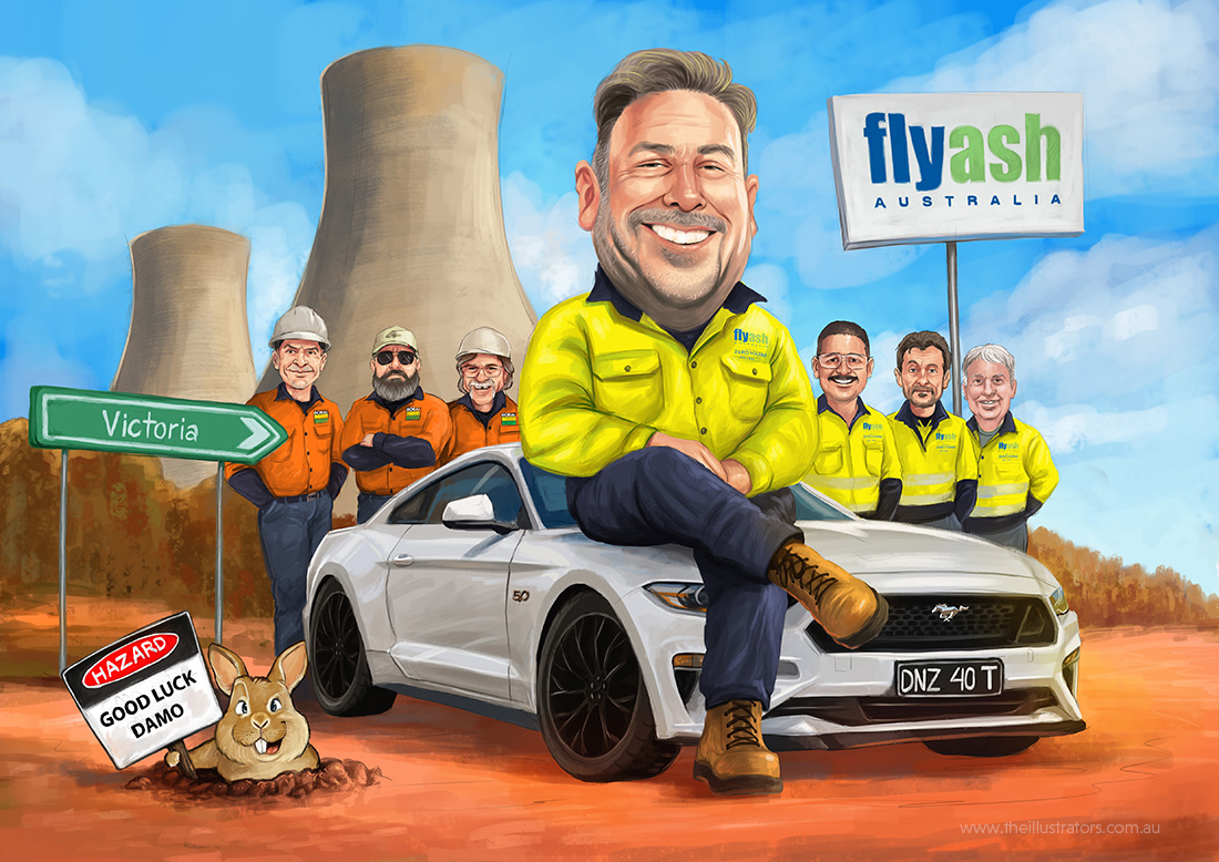 Caricature of a man, sitting on his car with his workmates in the background