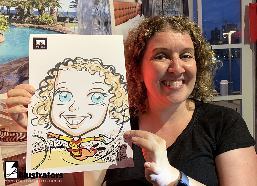 Live caricature drawing with a happy business woman holding a caricature portrait in Sydney