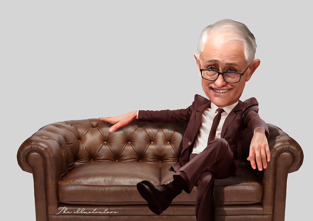 Malcolm Turnbull caricature, sitting on a brown leather couch