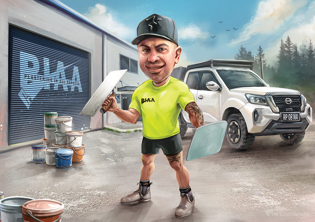 Realistic caricature of a plasterer with his tools and truck.