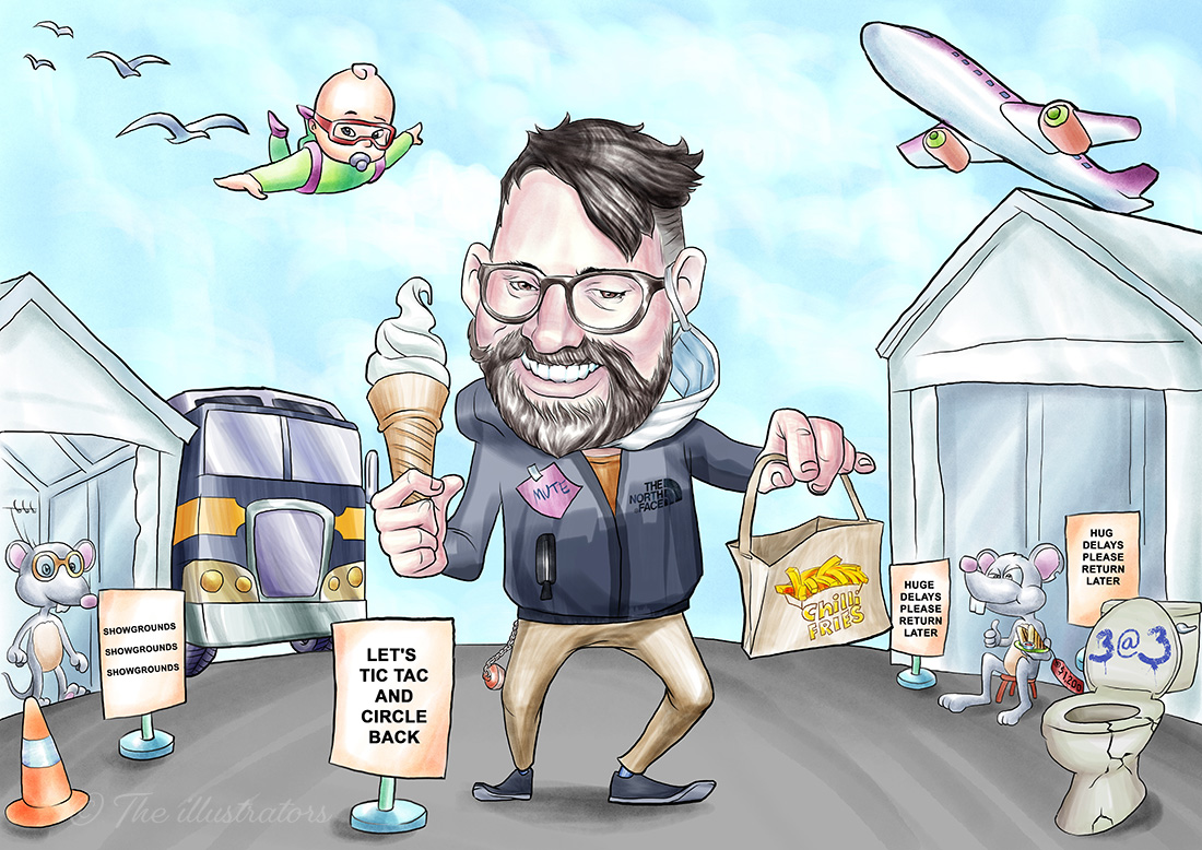Cartoon caricature of a man with a surgical mask, ice cream and cartoon rats