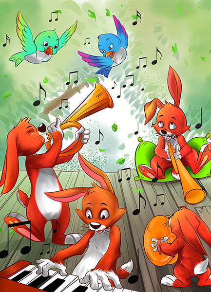 Four red rabbits playing musical instruments