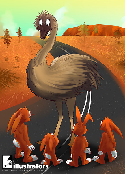 Four red rabbits talking to an emu