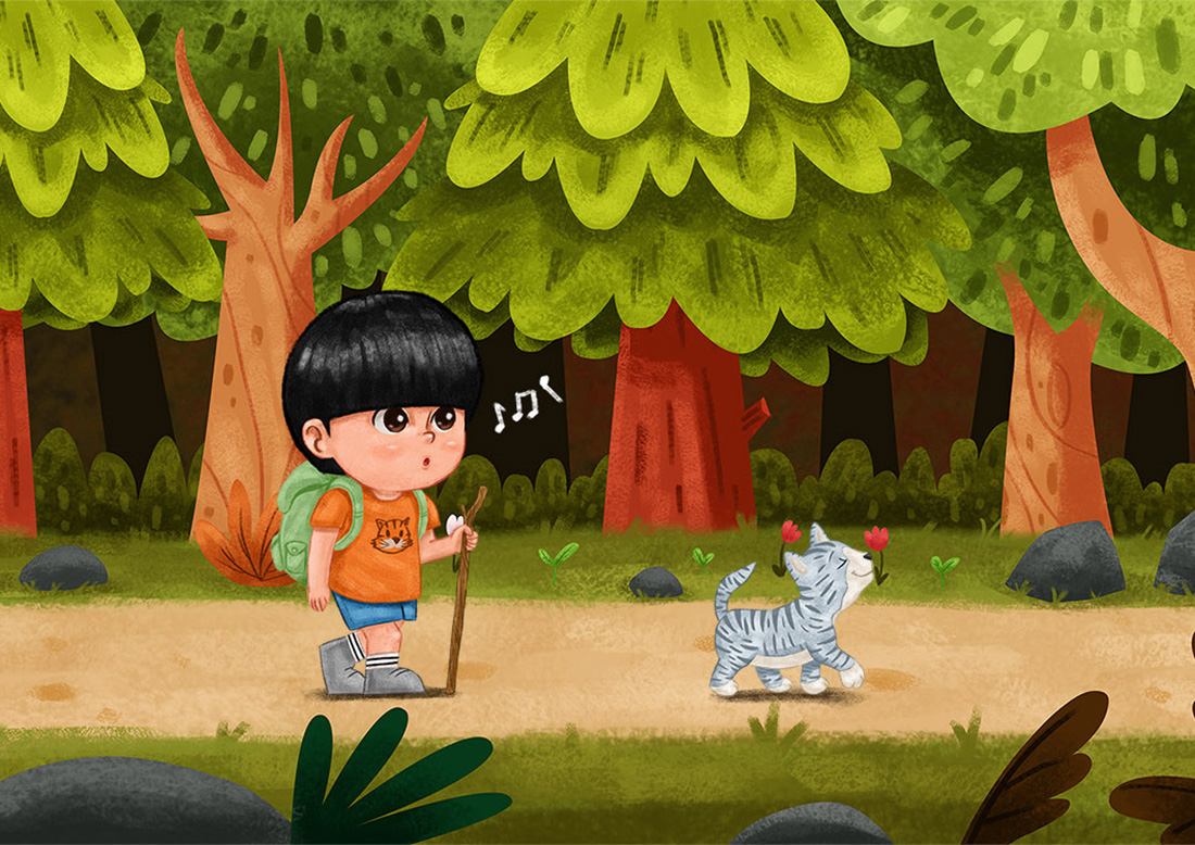 A boy and a cat walking on a path through a forest