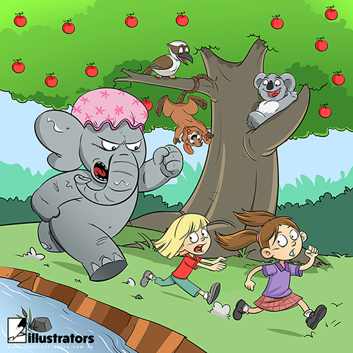 Elephant chasing two girls
