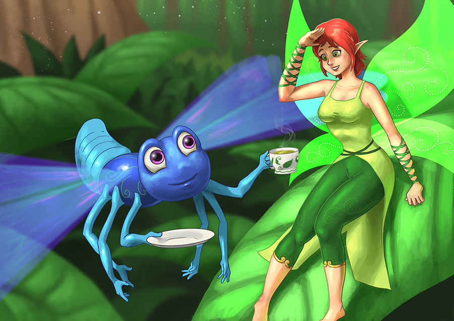 Blue dragonfly and female elf in close proximity