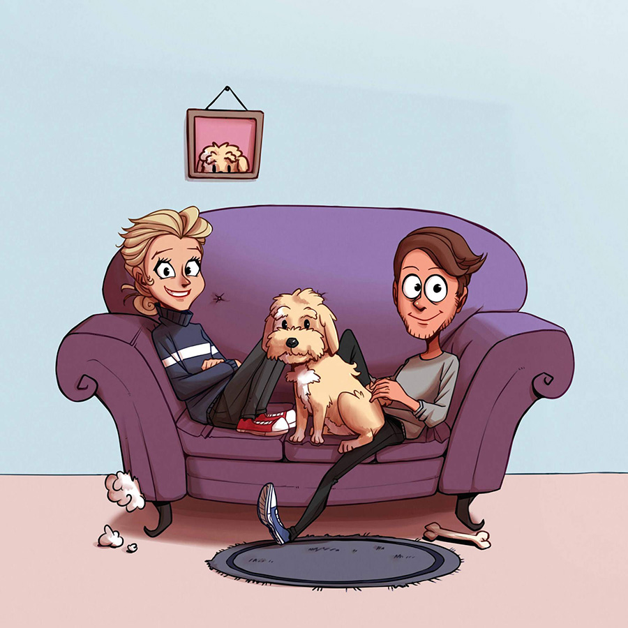 Mum, dad and little dog sitting on a couch