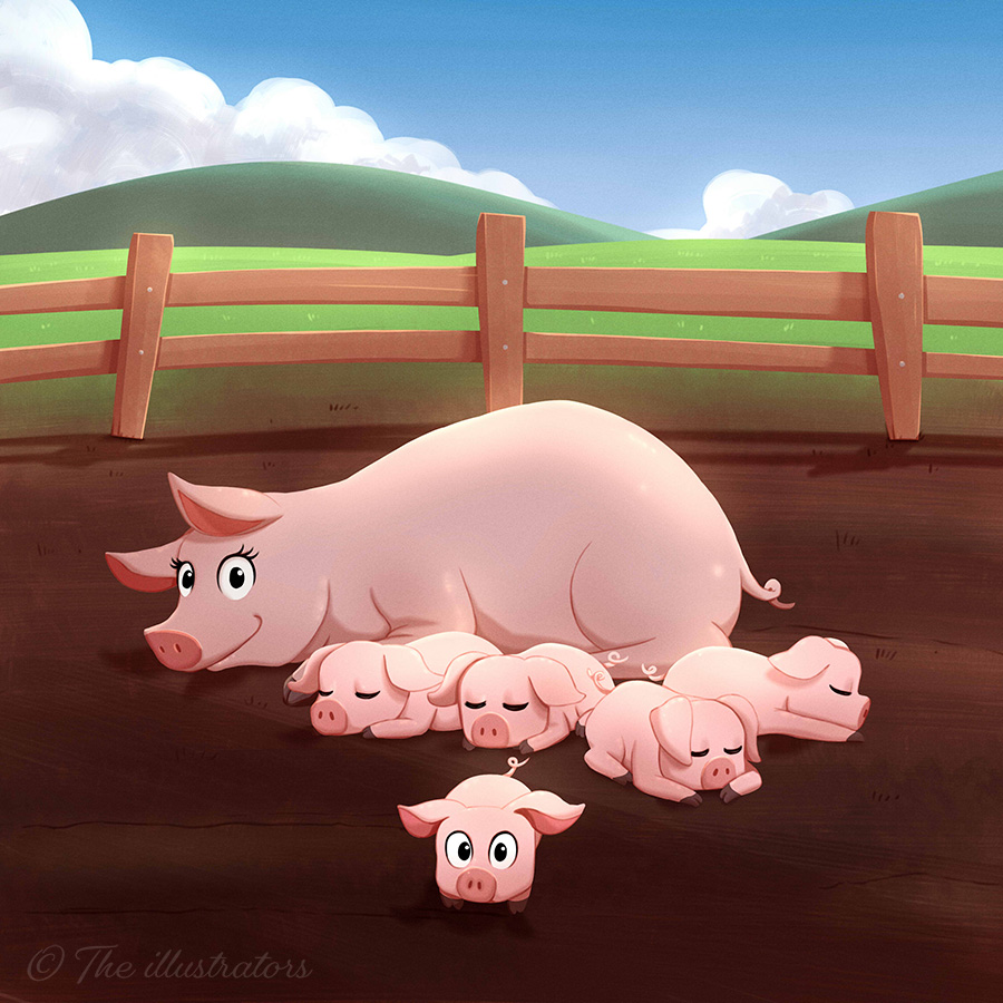 Cartoon pigs in a pen