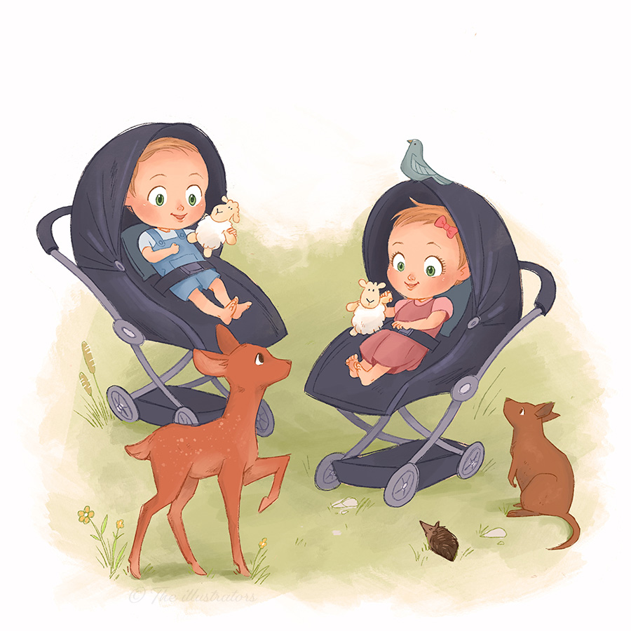 Two babies in prams with cute animals