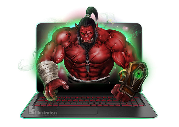 Red Warcraft Orc coming out of a computer screen