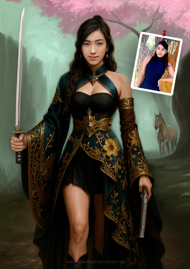 A fantasy portrait of a woman holding a sword and a gun