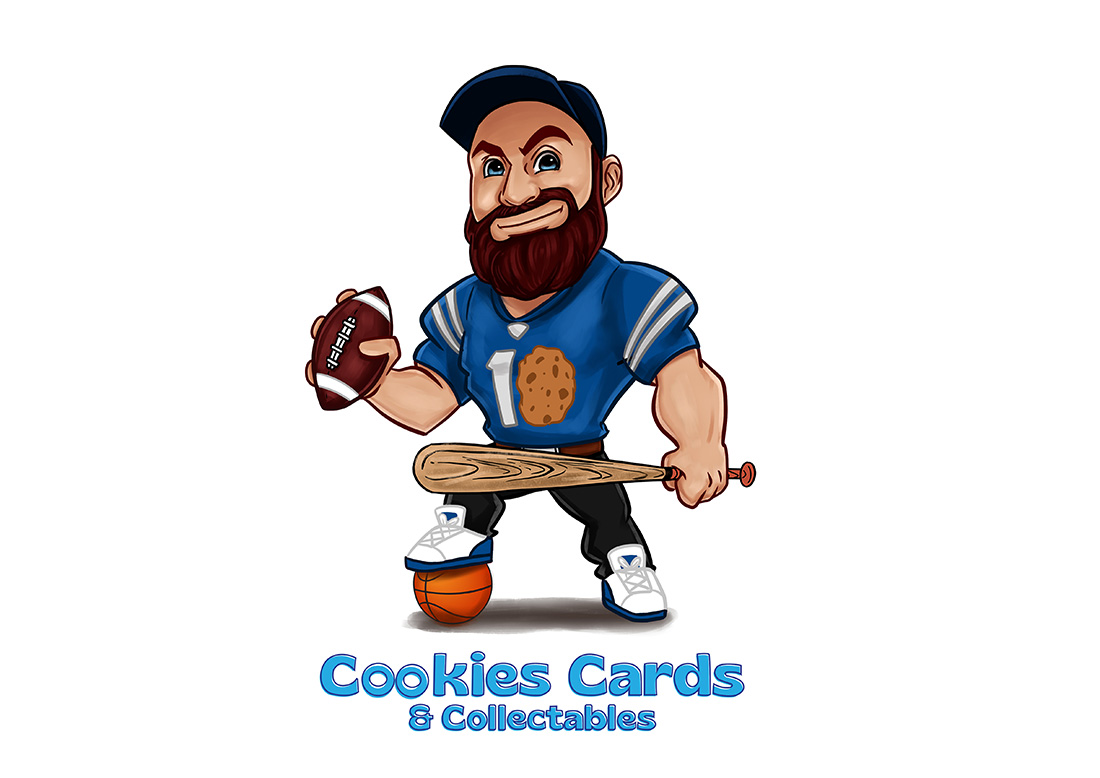 A cartoon man with a beard standing on a basketball and holding collectables