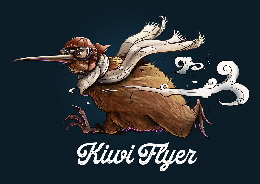 Retro Kiwi bird flying