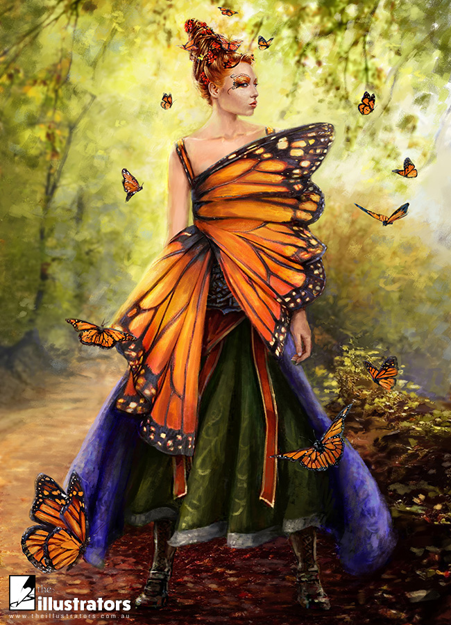 Red haired woman in a butterfly dress