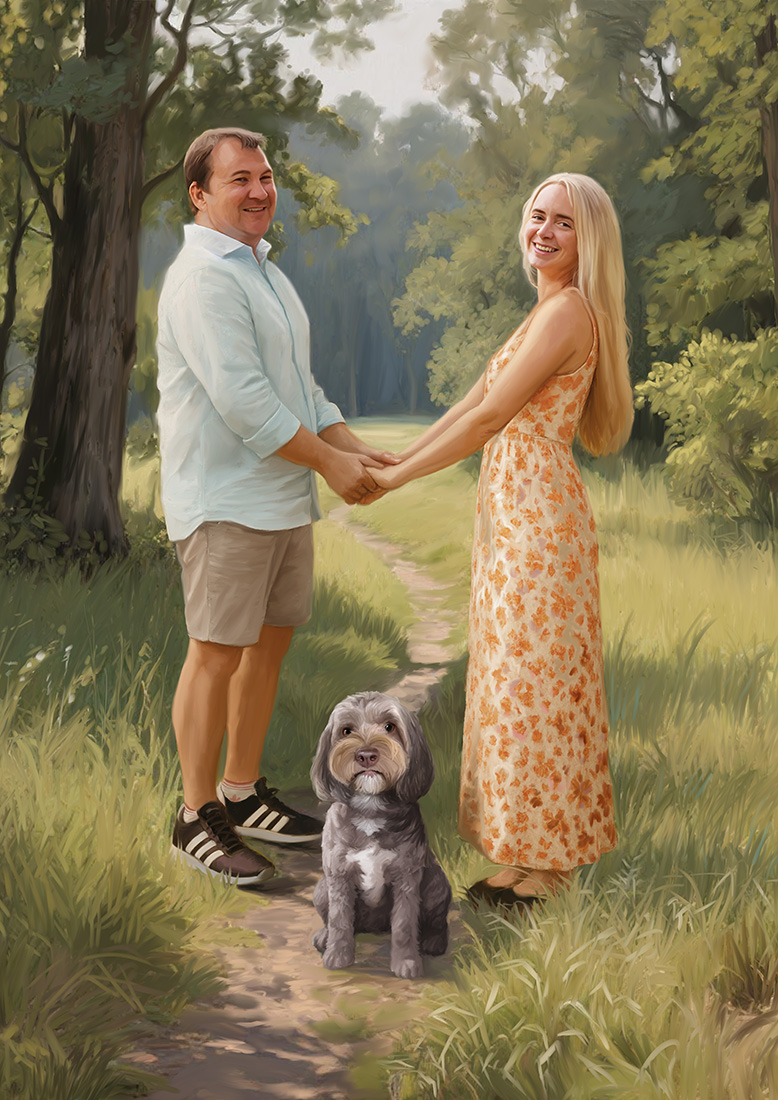 Painterly portrait of a man, woman and their dog