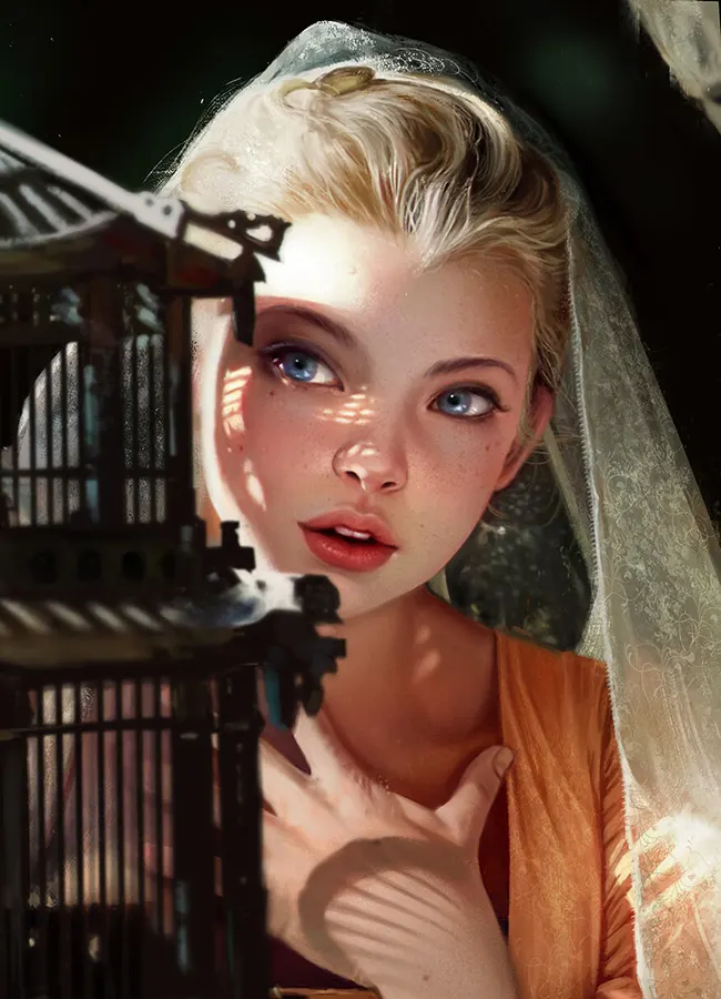 Portait of young girl next to a birdcage