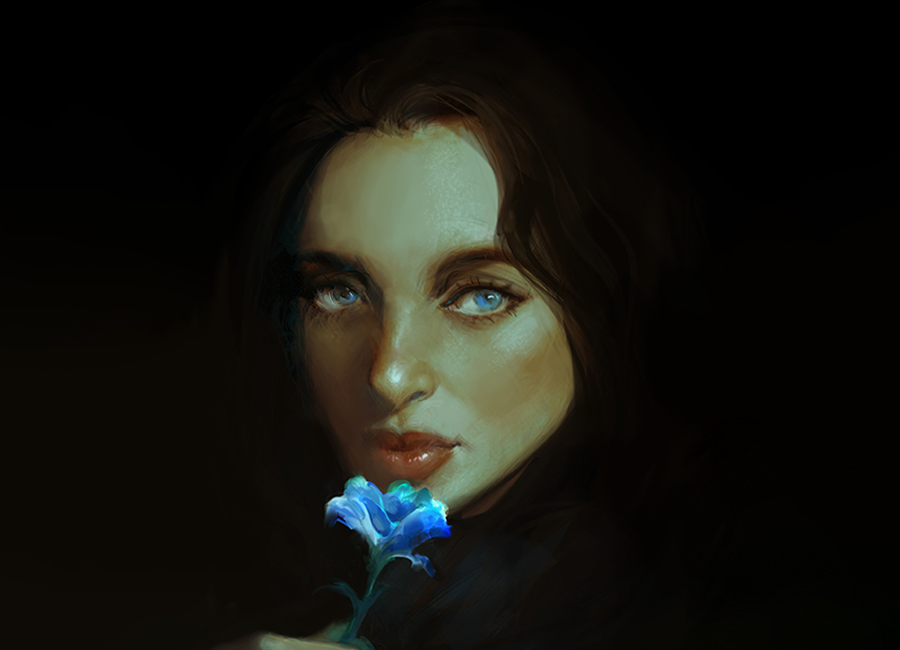 Portrait of a woman and blue flower