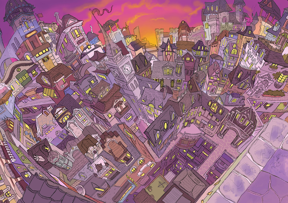 Cartoon landscape of a city