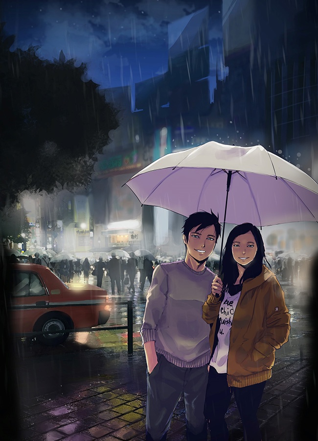 Man and woman standing under a purple umbrella