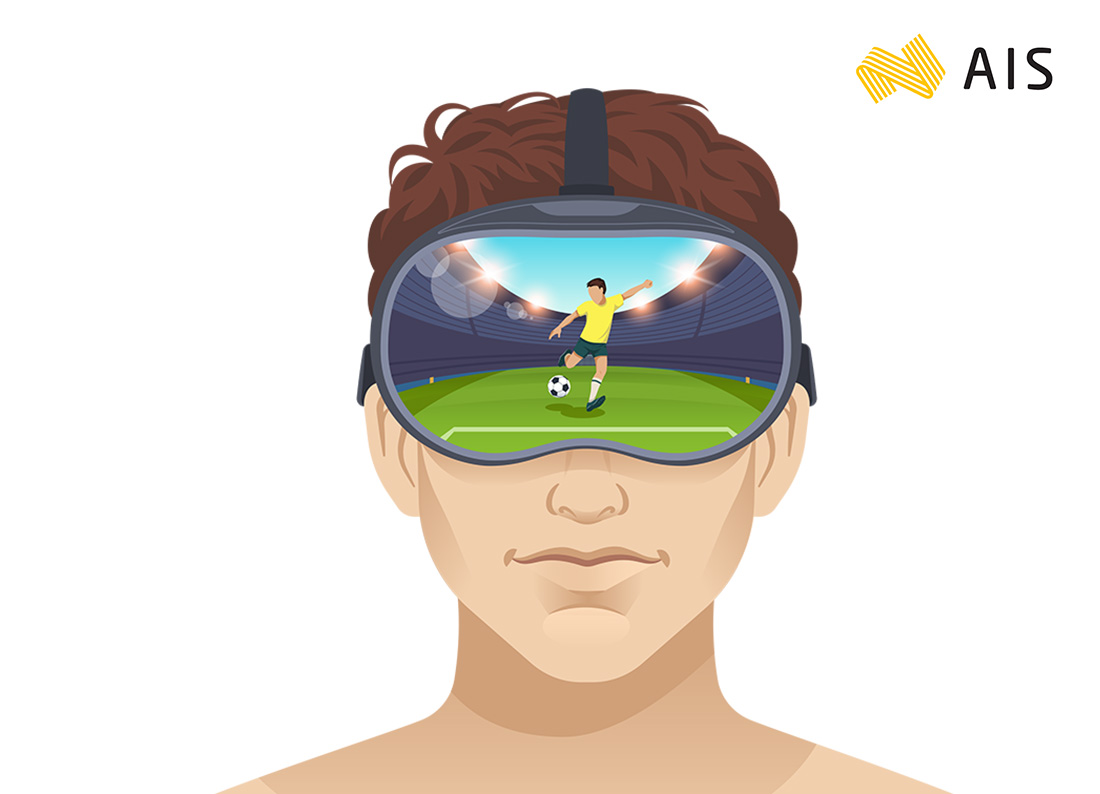 A man wearing a virtual reality headset watching soccer